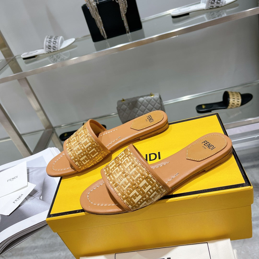 Luxury FendiFF Women Raffia Sandal Tan