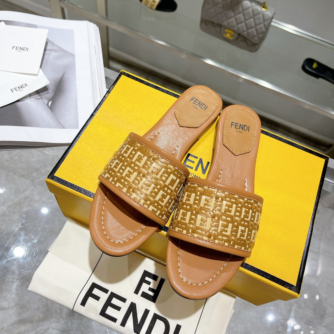 Luxury FendiFF Women Raffia Sandal Tan