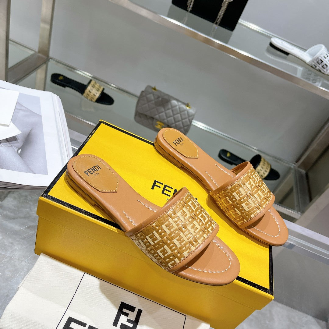 Luxury FendiFF Women Raffia Sandal Tan