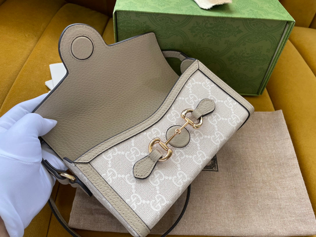 Luxury Gucci GG HORSEBIT 1955 MINI 18 BAG WHITE CANVAS AND BEIGE CALFSKIN