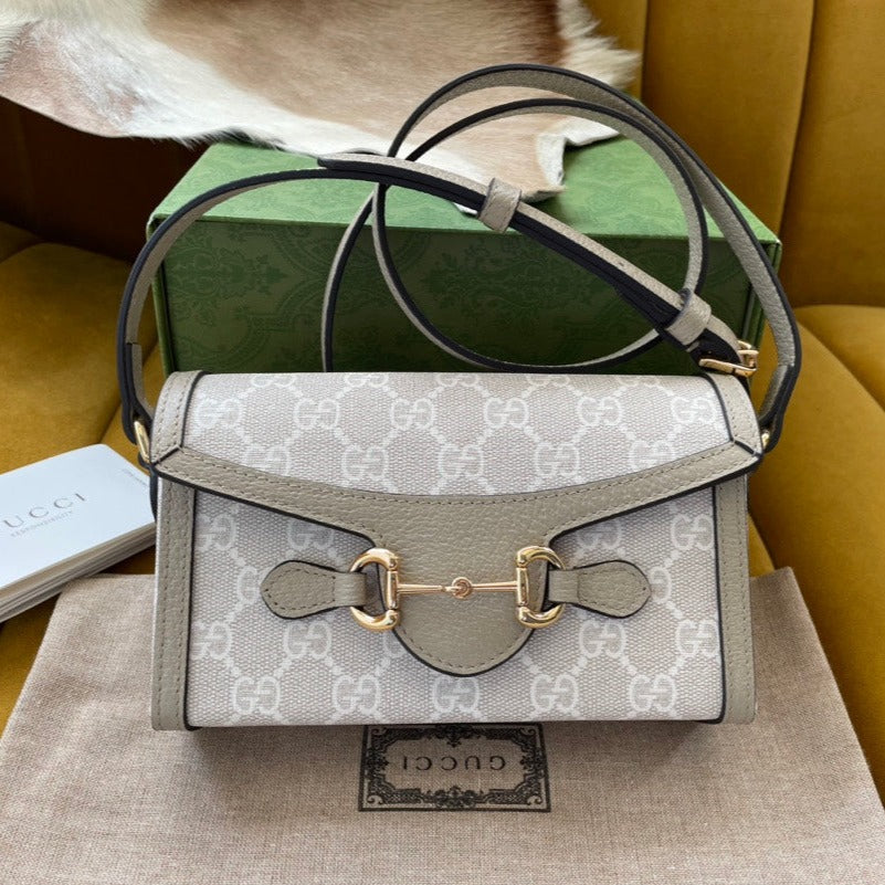 Luxury Gucci GG HORSEBIT 1955 MINI 18 BAG WHITE CANVAS AND BEIGE CALFSKIN