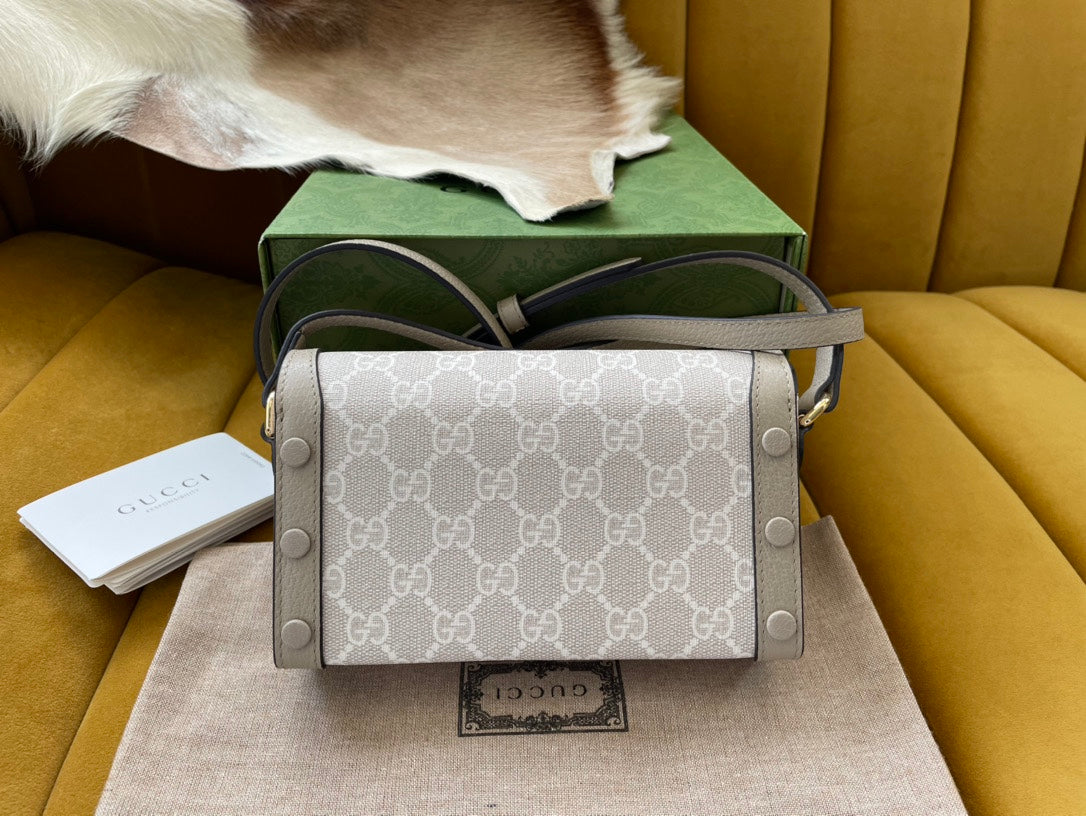Luxury Gucci GG HORSEBIT 1955 MINI 18 BAG WHITE CANVAS AND BEIGE CALFSKIN