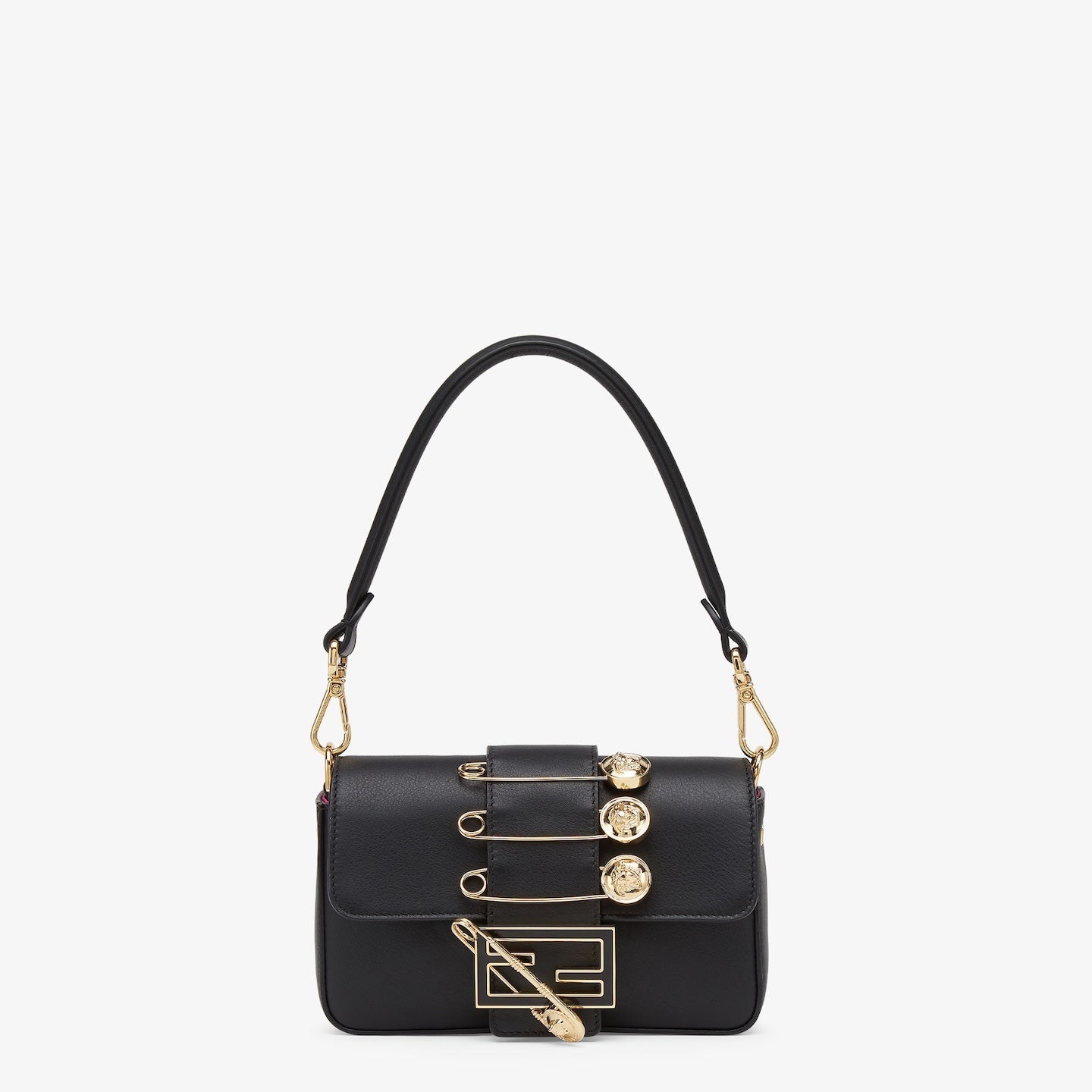 Luxury FendiLuxury FendiFENDACE BROOCH MINI 20 BAGUETTE BAG IN BLACK CALFSKIN