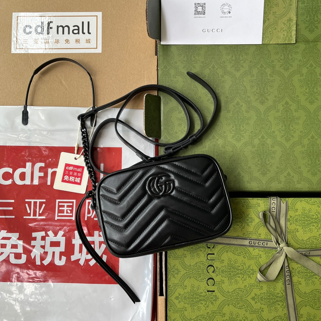 Luxury Gucci gg marmont mini 18cm zip top all black calfskin