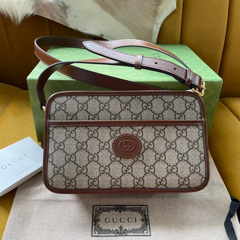 Luxury Gucci BAG WITH INTERLOCKING G 22 IN BEIGE EBONY CANVAS AND BROWN CALFSKIN TRIM