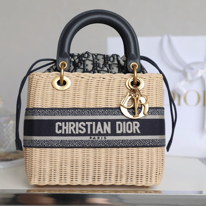 Luxury DiorLADY 24 BASKET BAG IN BLACK OBLIQUE JACQUARD MIX BEIGE WICKER