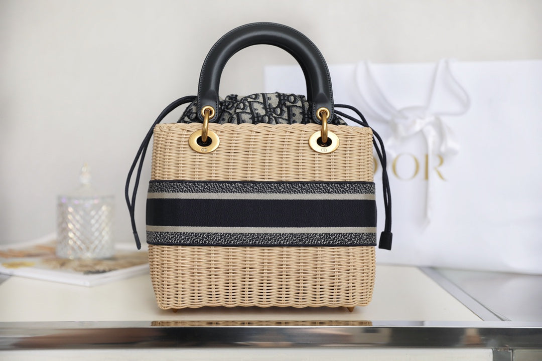 Luxury DiorLADY 24 BASKET BAG IN BLACK OBLIQUE JACQUARD MIX BEIGE WICKER