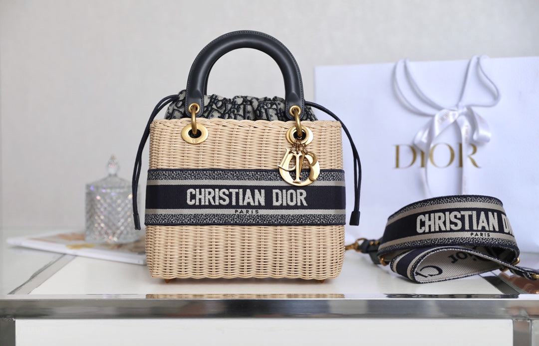 Luxury DiorLADY 24 BASKET BAG IN BLACK OBLIQUE JACQUARD MIX BEIGE WICKER