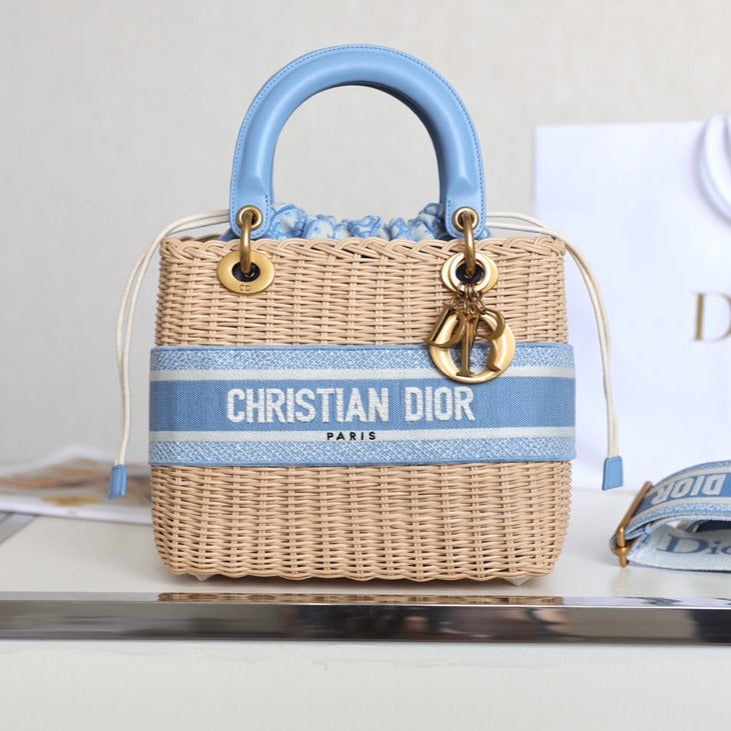 Luxury DiorLADY 24 BASKET BAG IN BLUE OBLIQUE JACQUARD MIX BEIGE WICKER