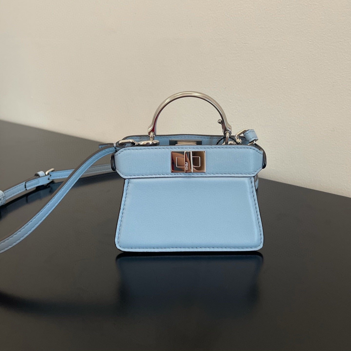 Luxury FendiLuxury FendiPEEKABOO ISEEU MICRO 12 BAG IN LIGHT BLUE CALFSKIN WITH GOLD HARDWARE