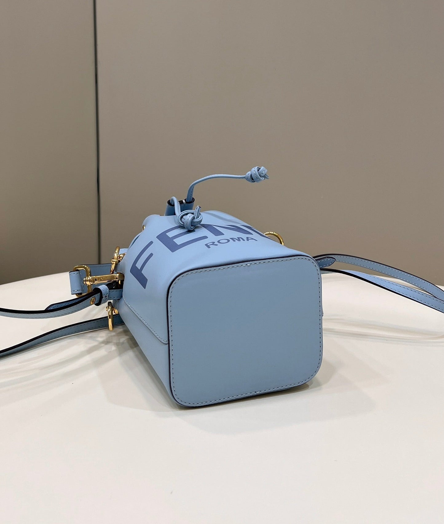 Luxury FendiMON TRESOR MINI 18 BAG IN LIGHT BLUE CALFSKIN FF WITH GOLD HARDWARE
