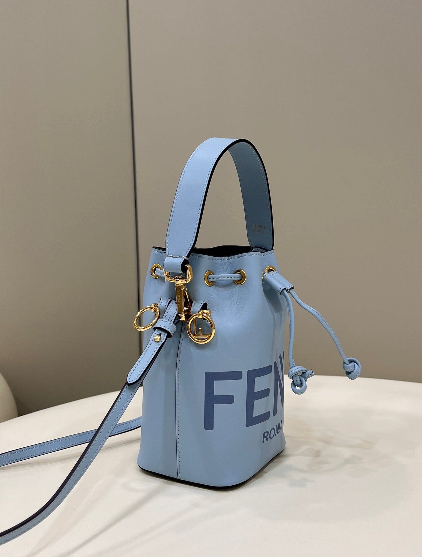 Luxury FendiMON TRESOR MINI 18 BAG IN LIGHT BLUE CALFSKIN FF WITH GOLD HARDWARE