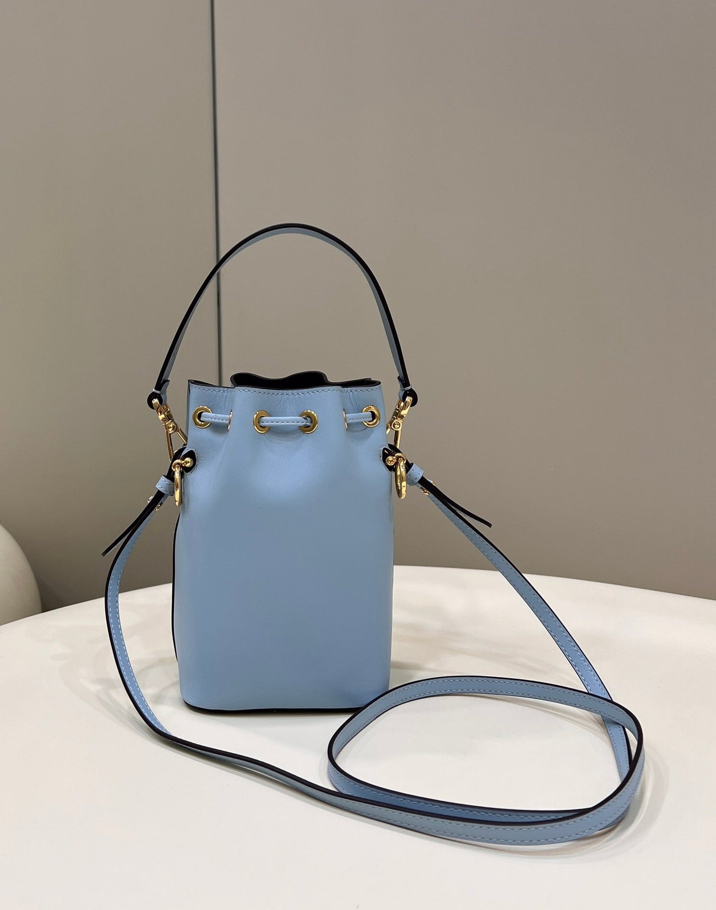 Luxury FendiMON TRESOR MINI 18 BAG IN LIGHT BLUE CALFSKIN FF WITH GOLD HARDWARE