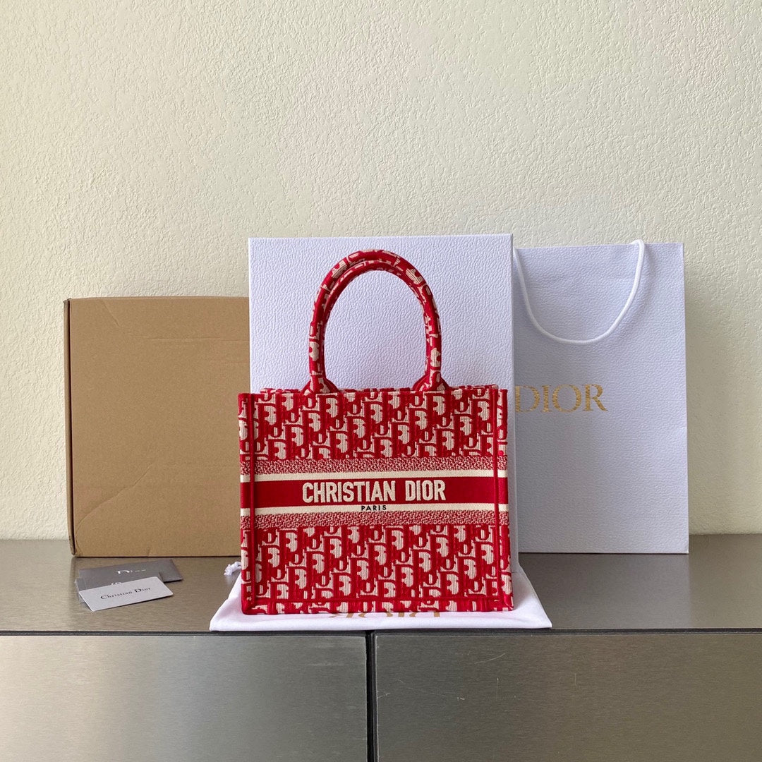 Luxury DiorSmall Book Tote 26.5cm Red Retro Style D Letter Embroidery