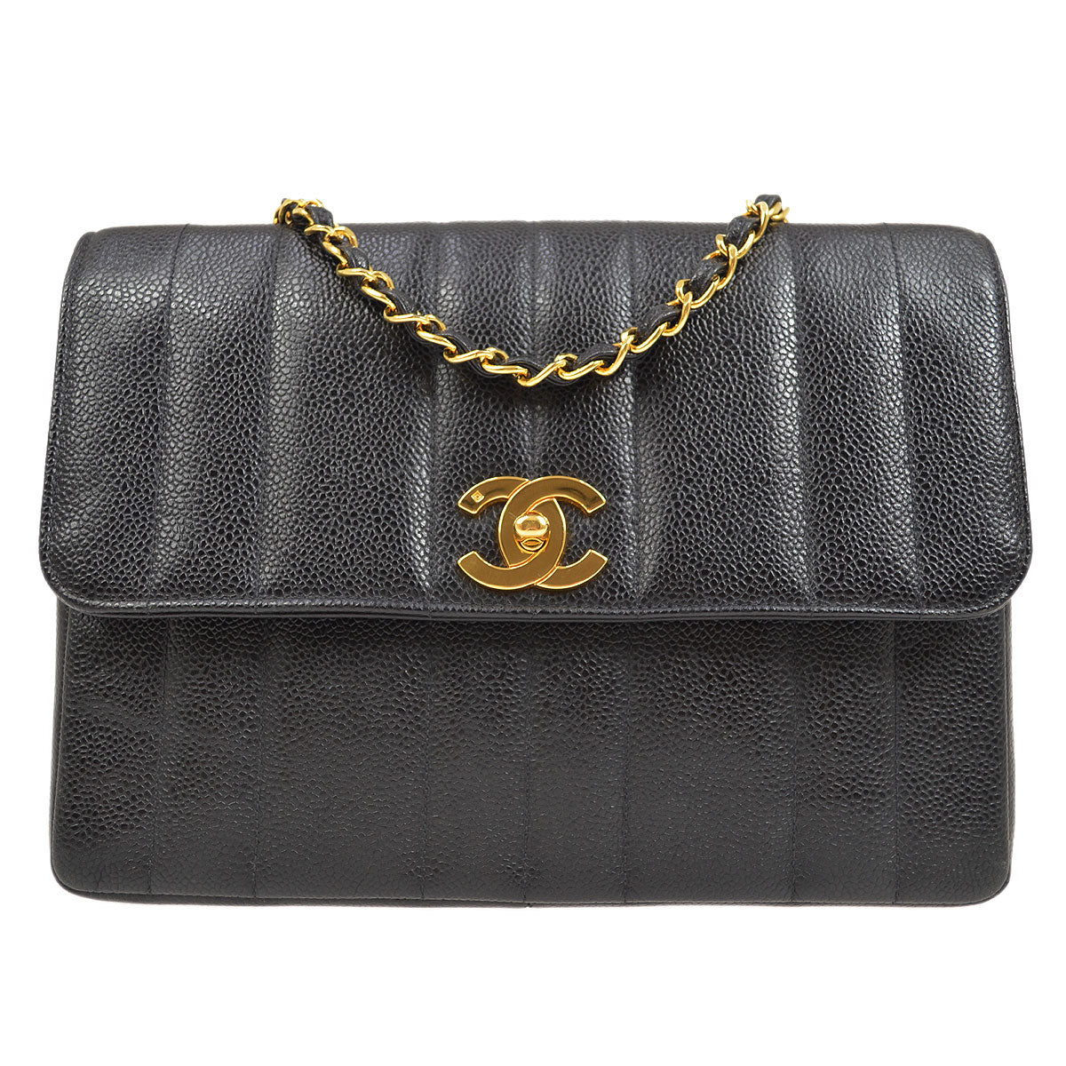 CHANEL★ 1994-1996 Black Caviar Vertical Straight Flap Medium 84568