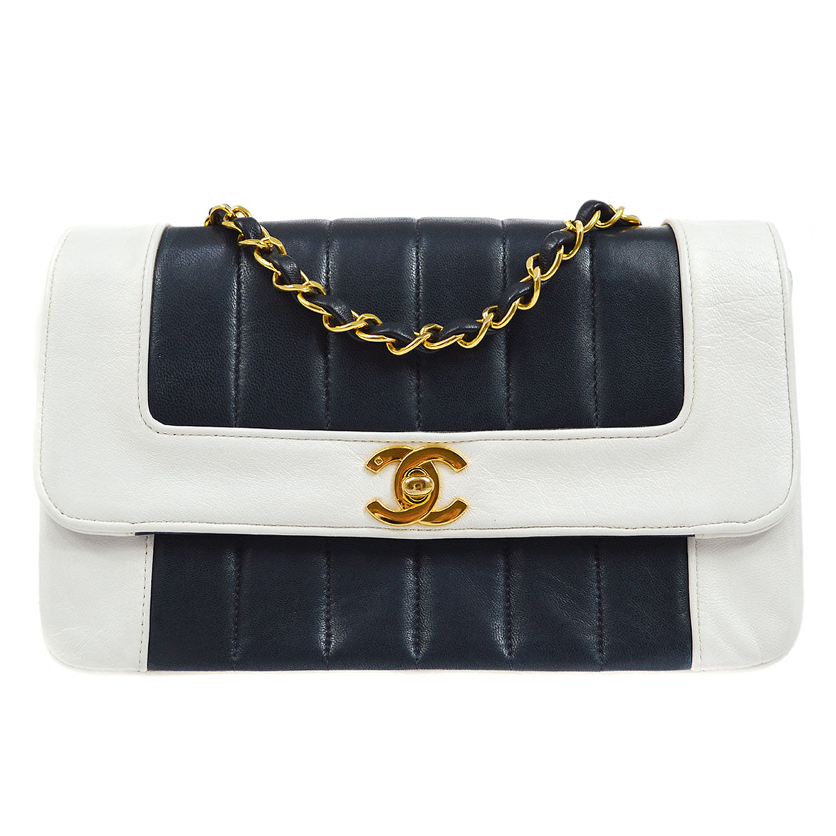CHANEL★ 1993 Navy White Lambskin Vertical Border Flap Small 85081