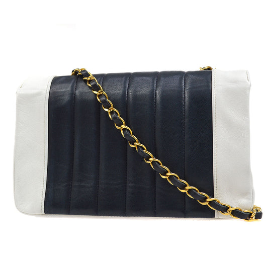 CHANEL★ 1993 Navy White Lambskin Vertical Border Flap Small 85081