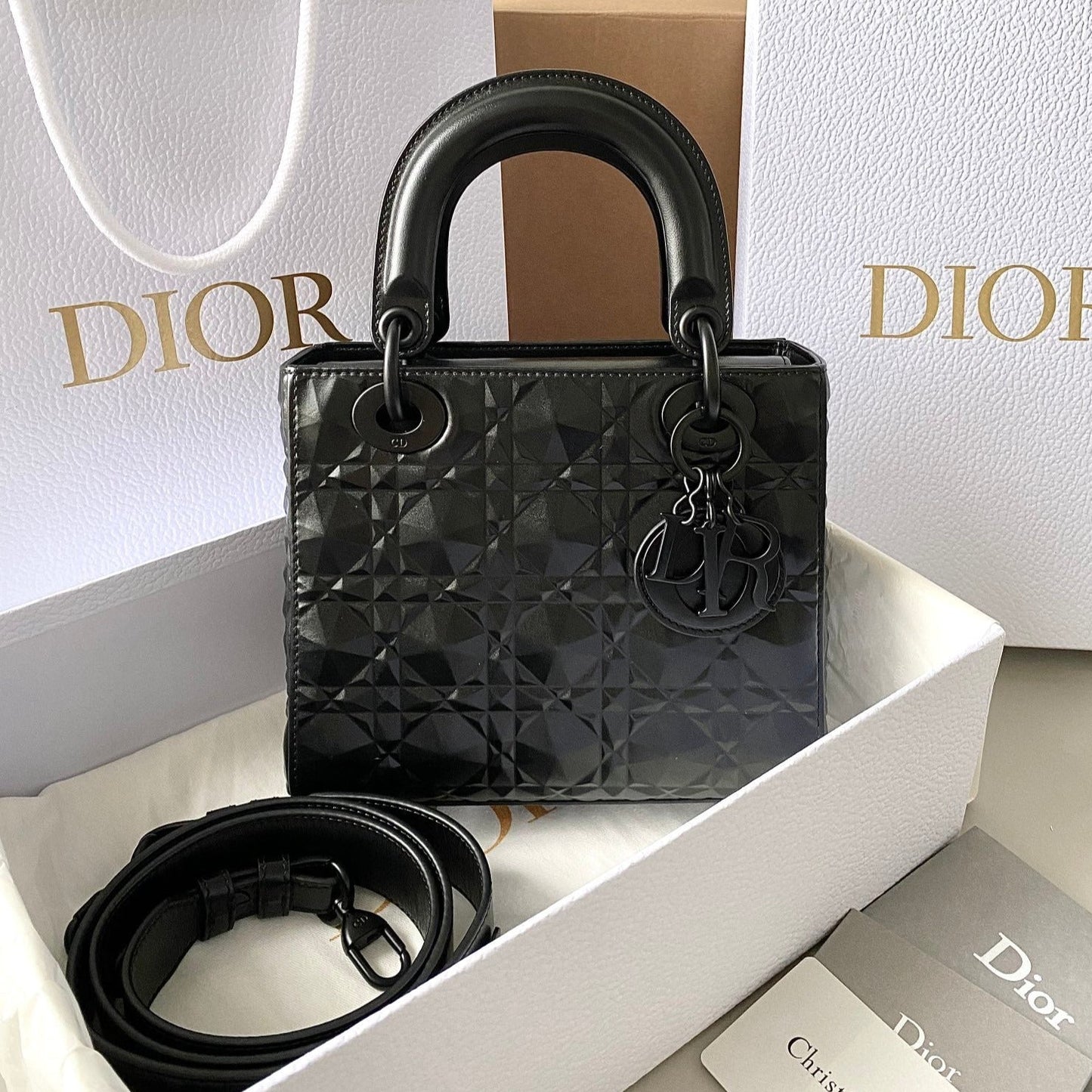 Luxury DiorSMALL LADY 20 ALL BLACK LAMBSKIN DIAMOND MOTIF