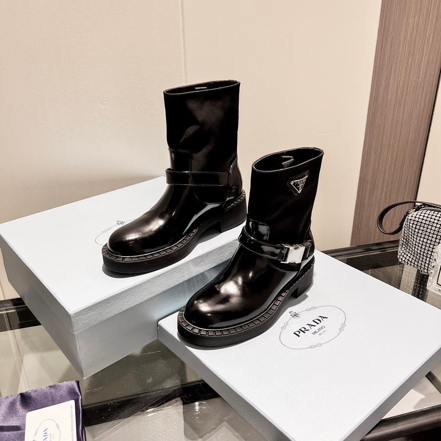 Luxury PradaANKLE BOOTS WITH STRAP IN BLACK CALFSKIN