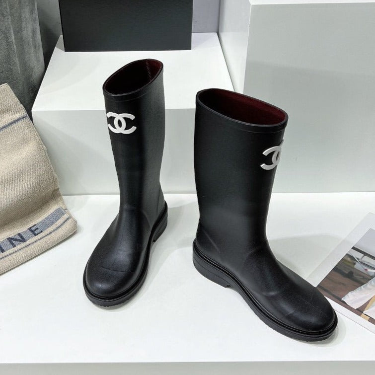 Luxury Chanel high black rain boot
