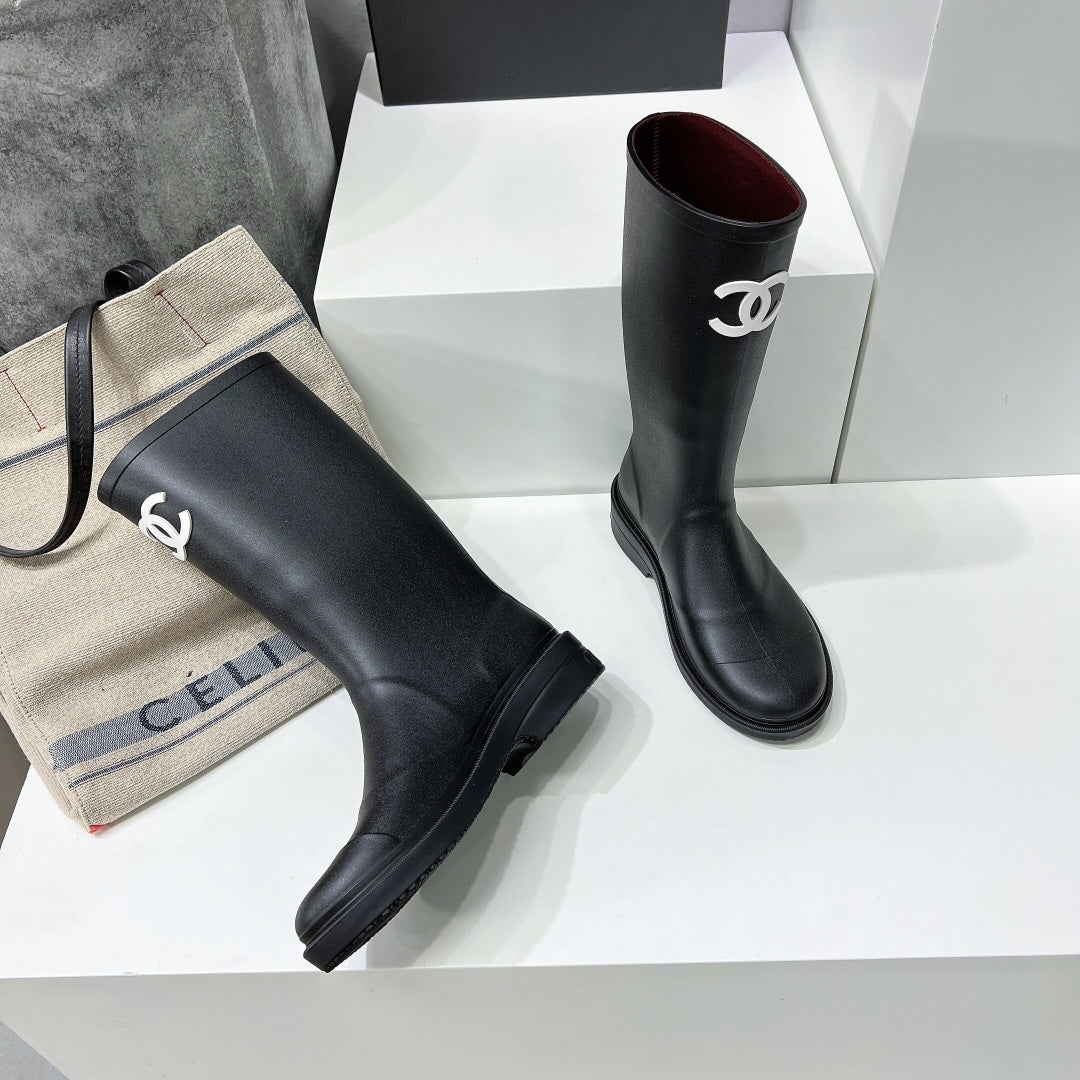 Luxury Chanel high black rain boot