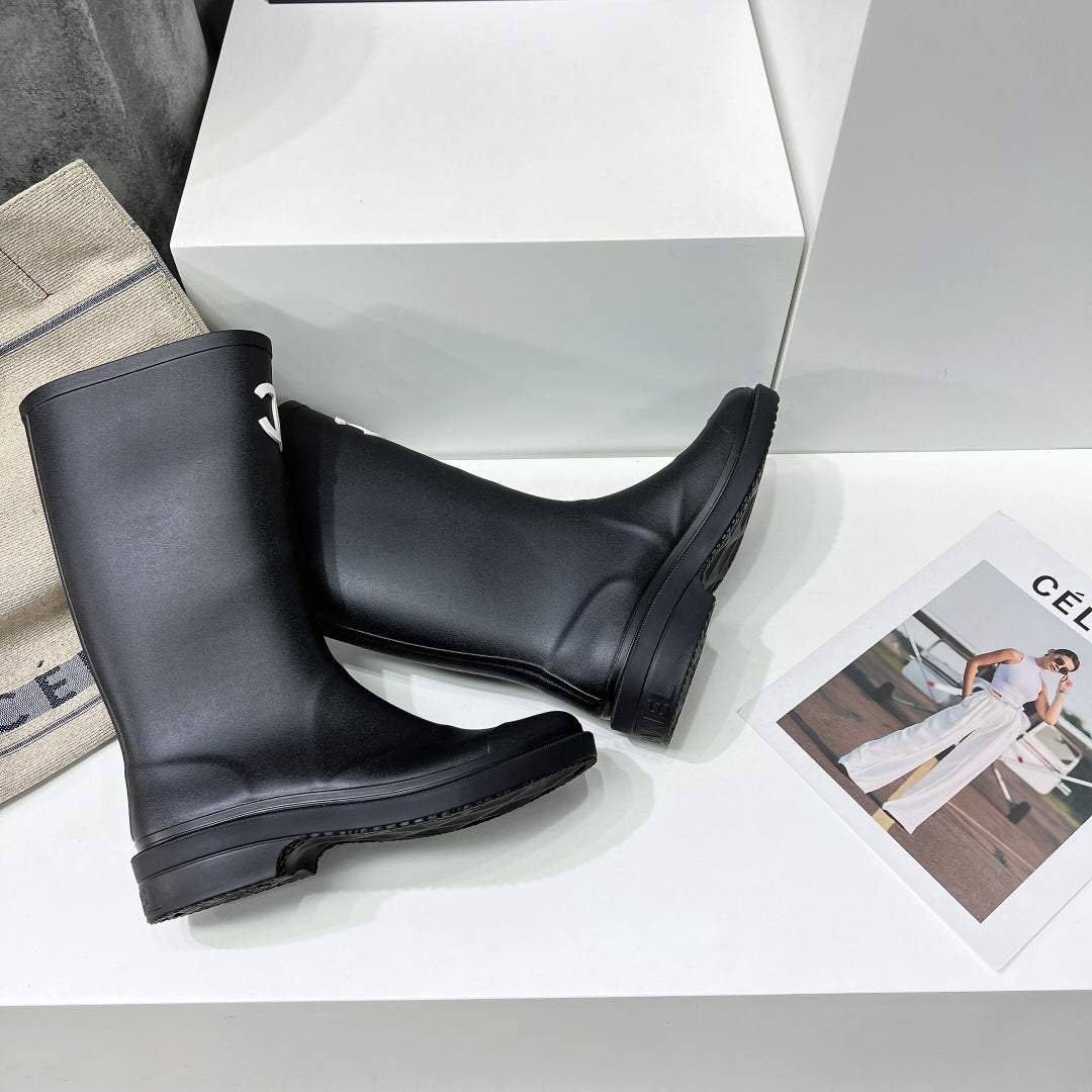 Luxury Chanel high black rain boot