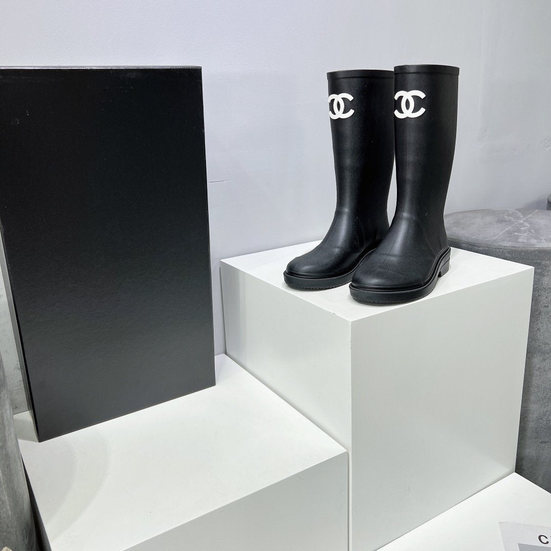 Luxury Chanel high black rain boot
