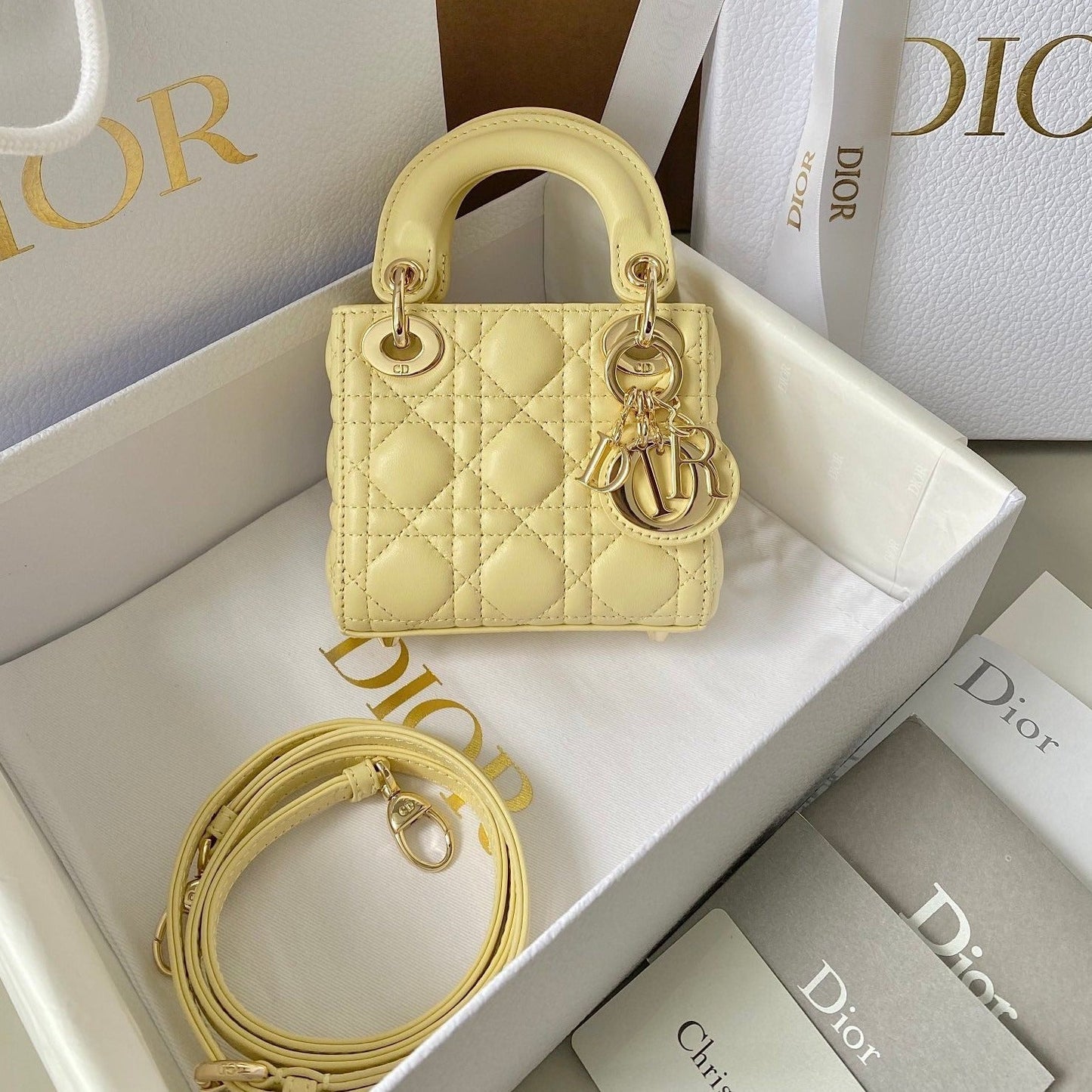 Luxury DiorMICRO LADY 12 BAG IN LIGHT YELLOW LAMBSKIN