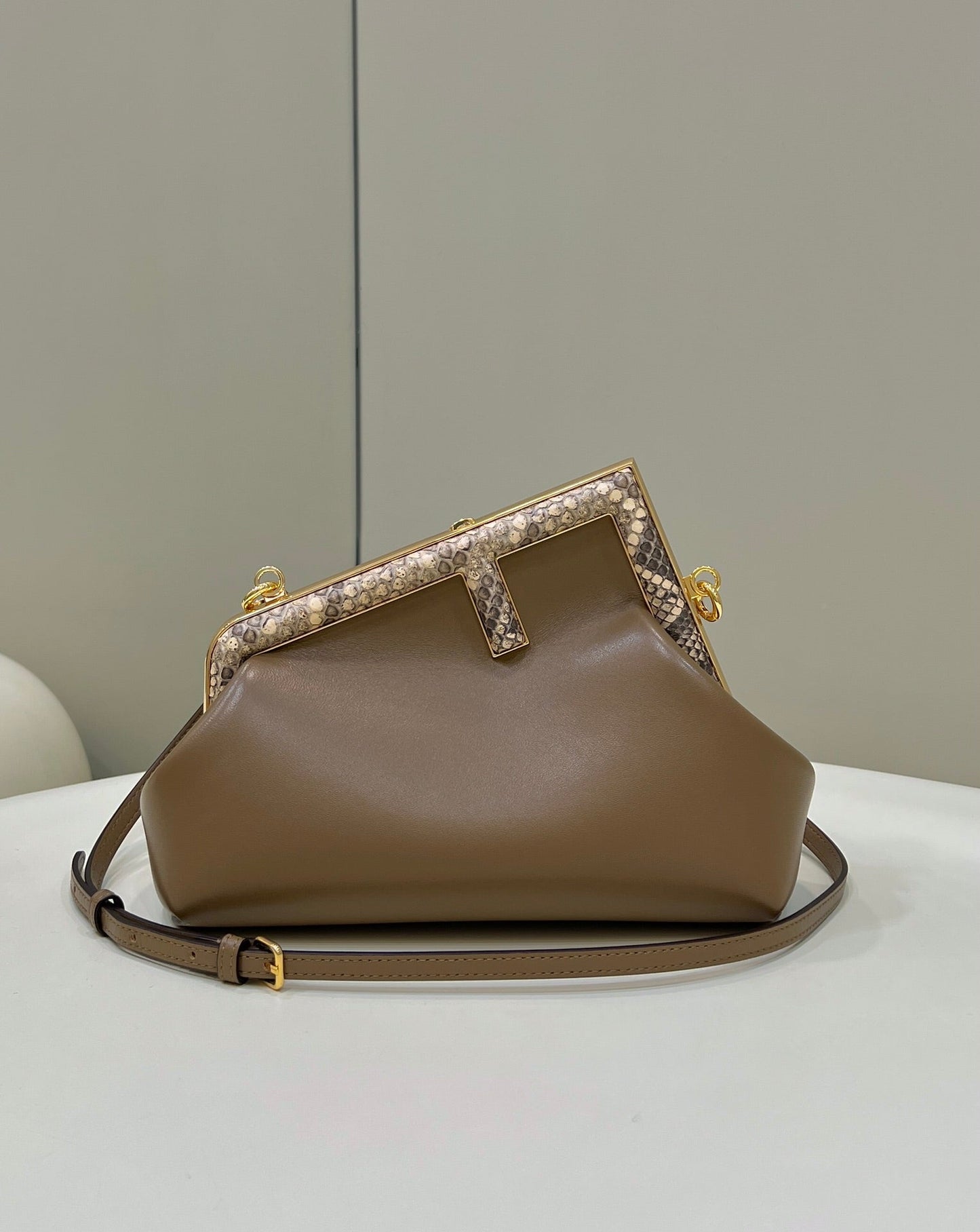 Luxury FendiLuxury FendiFIRST SMALL 26 COFFEE BROWN LEATHER BAG WITH EXOTIC DETAILS