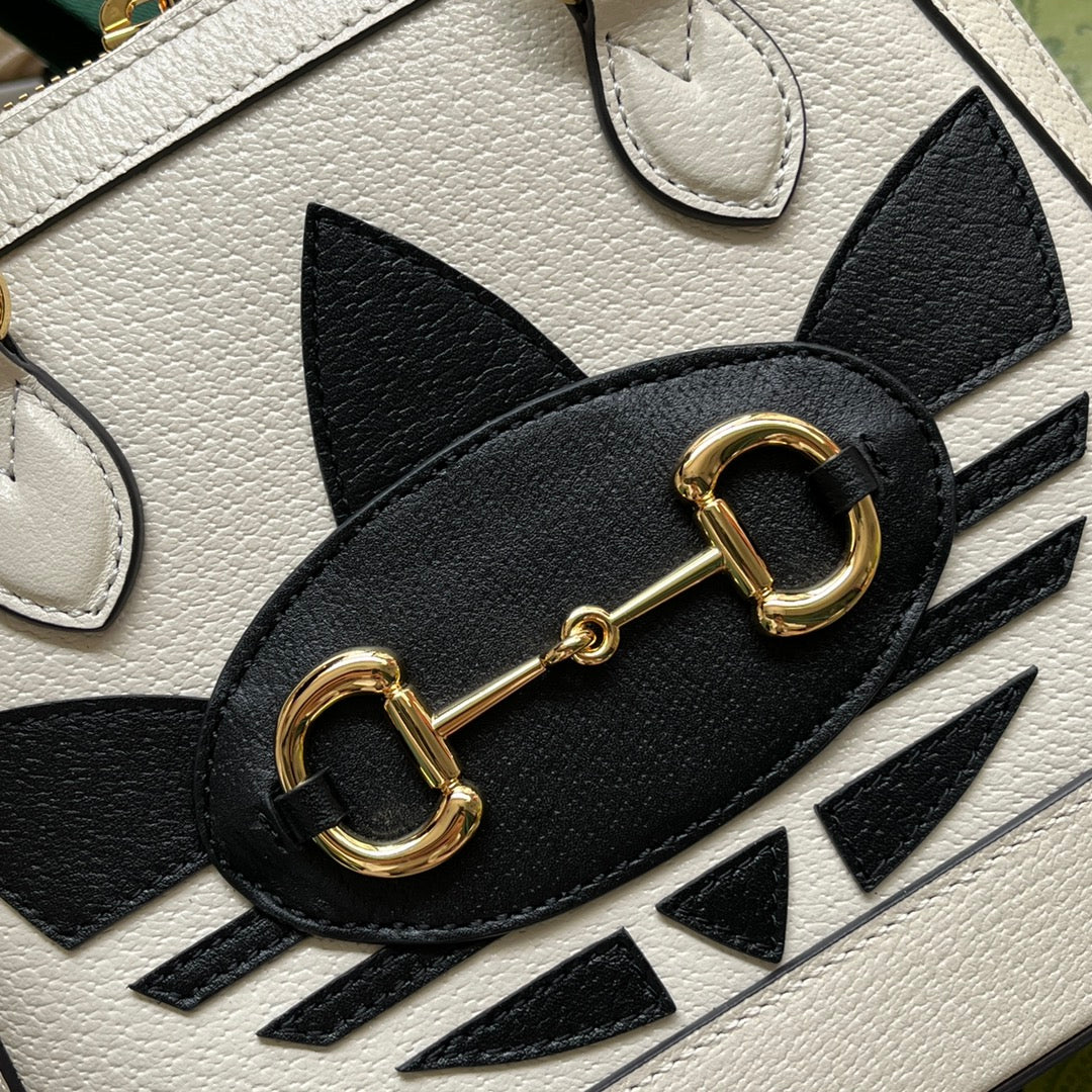 Luxury Gucci GGxADIDAS HORSEBIT 1955 TOTE BAG 20 WITH WEB STRAP IN WHITE MIX BLACK CALFSKIN GOLD HARDWARE