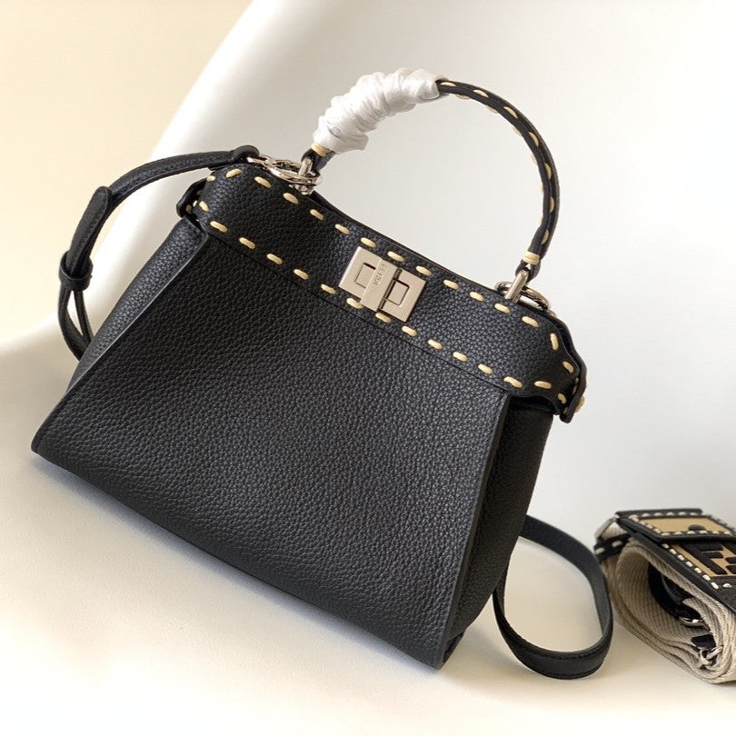 Luxury FendiPeekaboo Mini Selleria Bag 23cm black leather shw with 220 hand-sewn stitches