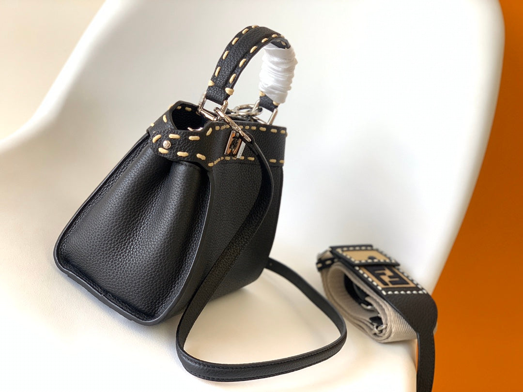 Luxury FendiPeekaboo Mini Selleria Bag 23cm black leather shw with 220 hand-sewn stitches