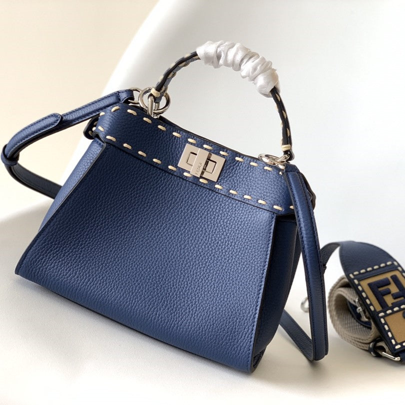 Luxury FendiPeekaboo Mini Selleria Bag 23cm blue leather shw with 220 hand-sewn stitches