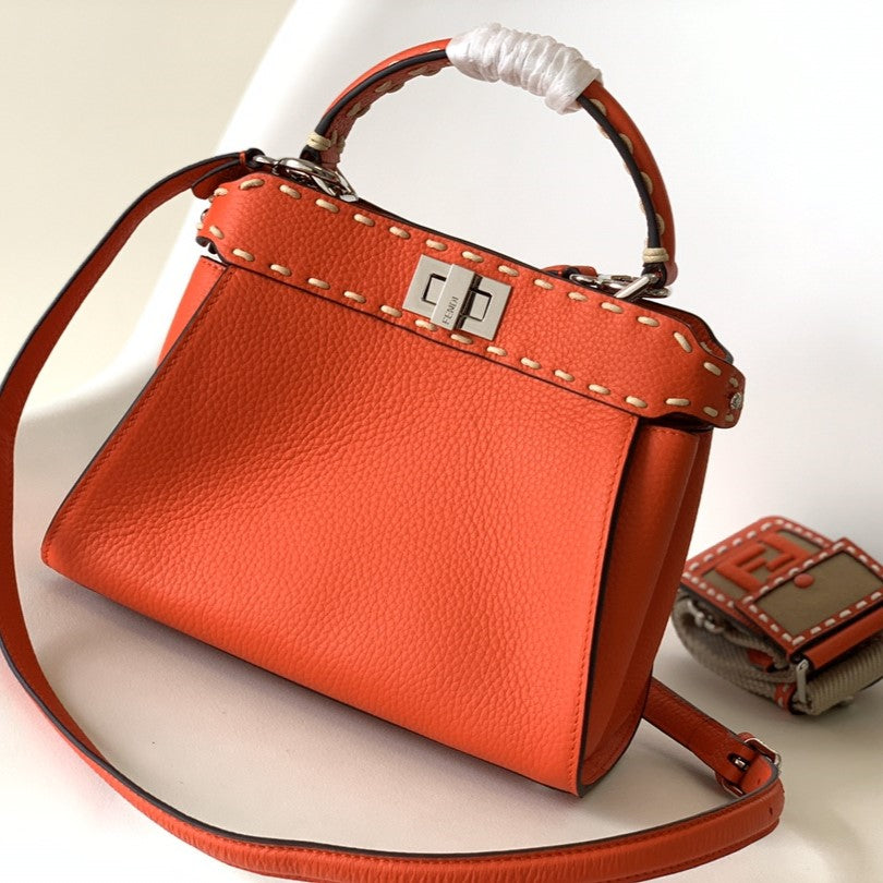 Luxury FendiPeekaboo Mini Selleria Bag 23cm red leather shw with 220 hand-sewn stitches