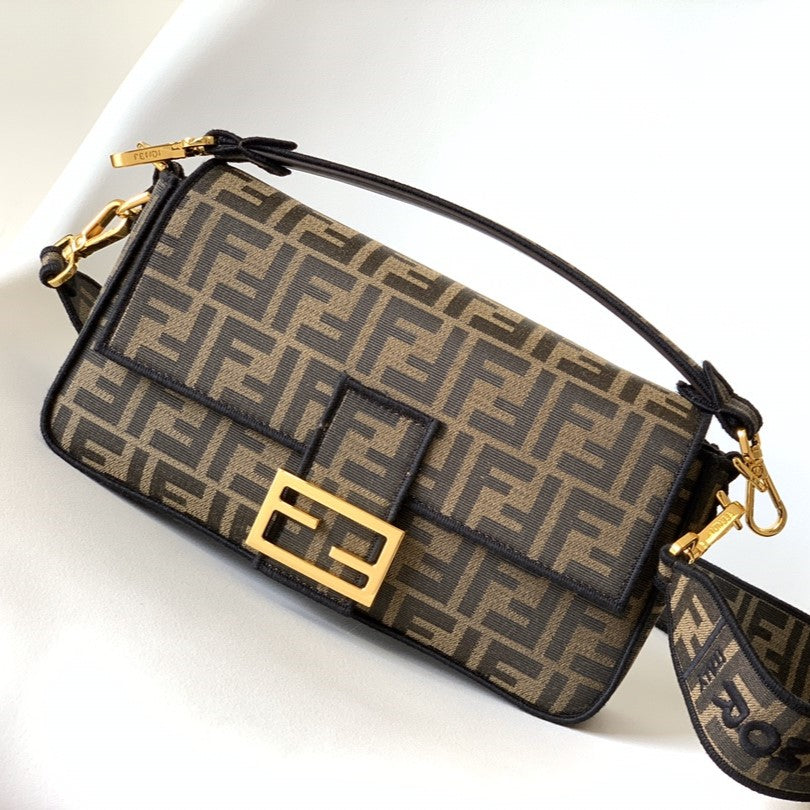 Luxury FendiFend Baguette 27 Brown FF Jacquard Fabric Bag Ghw