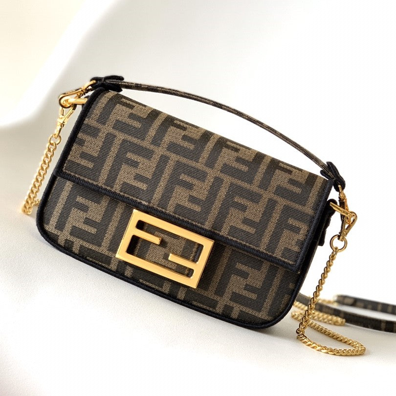 Luxury FendiFend Baguette 20 Brown FF Jacquard Fabric Bag Ghw
