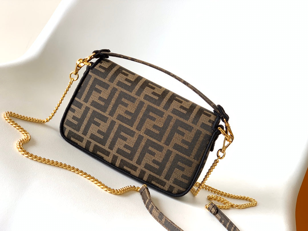 Luxury FendiFend Baguette 20 Brown FF Jacquard Fabric Bag Ghw