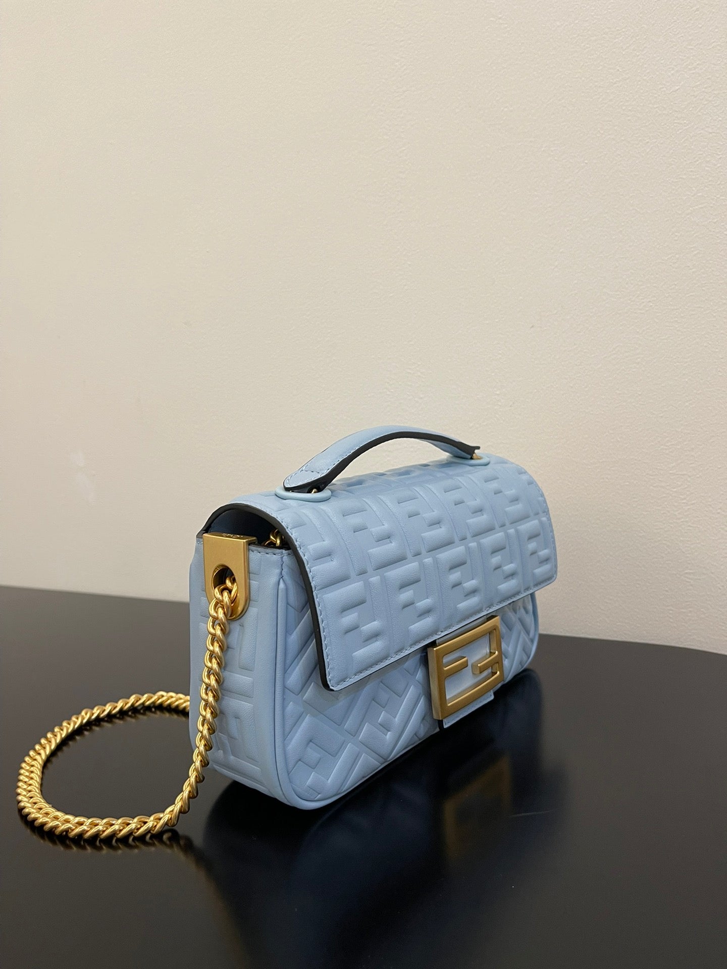 Luxury FendiFend Baguette 24 Bag With FF Motif Baby Blue Leather Ghw