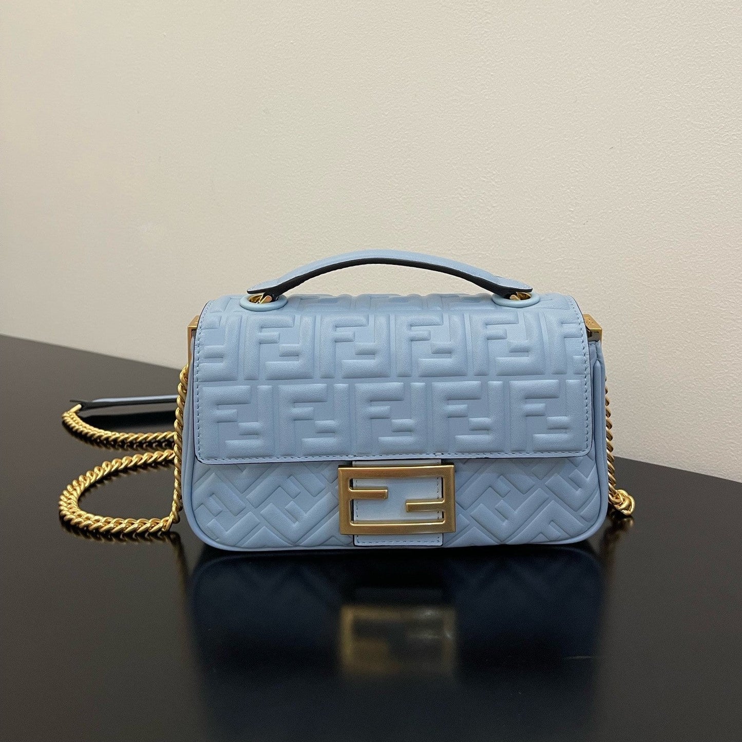 Luxury FendiFend Baguette 24 Bag With FF Motif Baby Blue Leather Ghw
