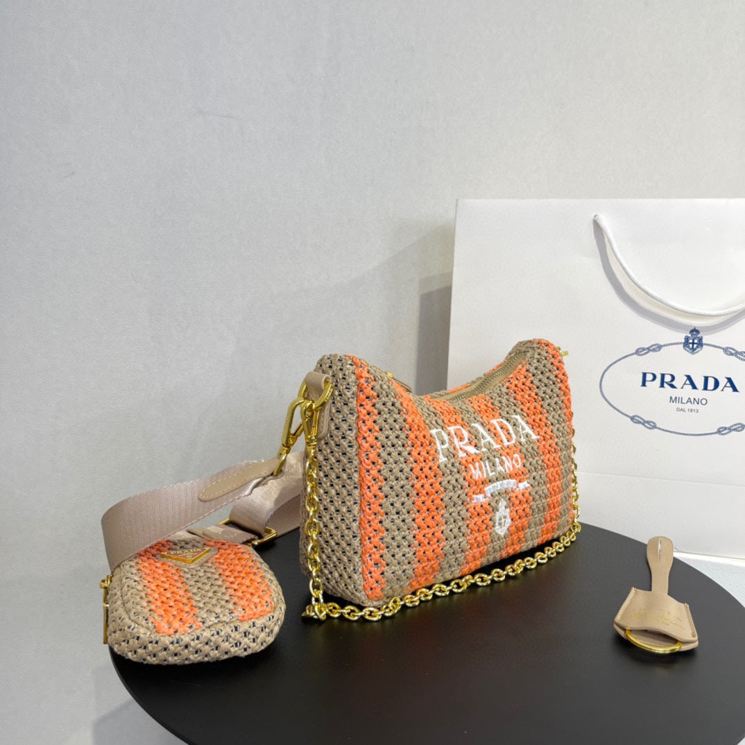 Luxury PradaHOBO BAG 23 IN BEIGE MIX ORANGE RAFFIA WITH WHITE LOGO GOLD HARDWARE