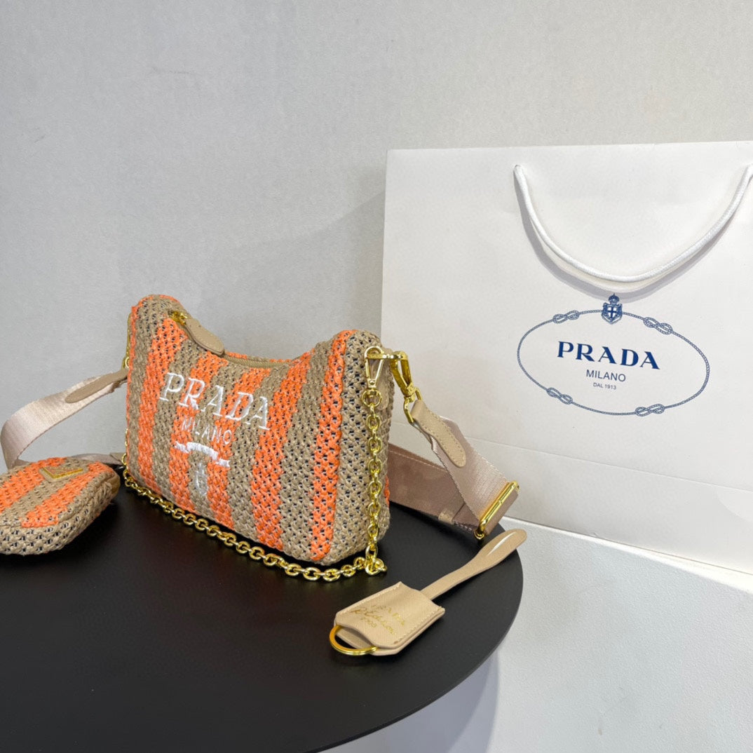 Luxury PradaHOBO BAG 23 IN BEIGE MIX ORANGE RAFFIA WITH WHITE LOGO GOLD HARDWARE