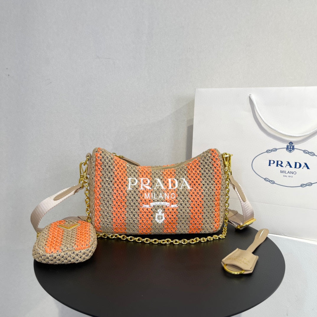 Luxury PradaHOBO BAG 23 IN BEIGE MIX ORANGE RAFFIA WITH WHITE LOGO GOLD HARDWARE