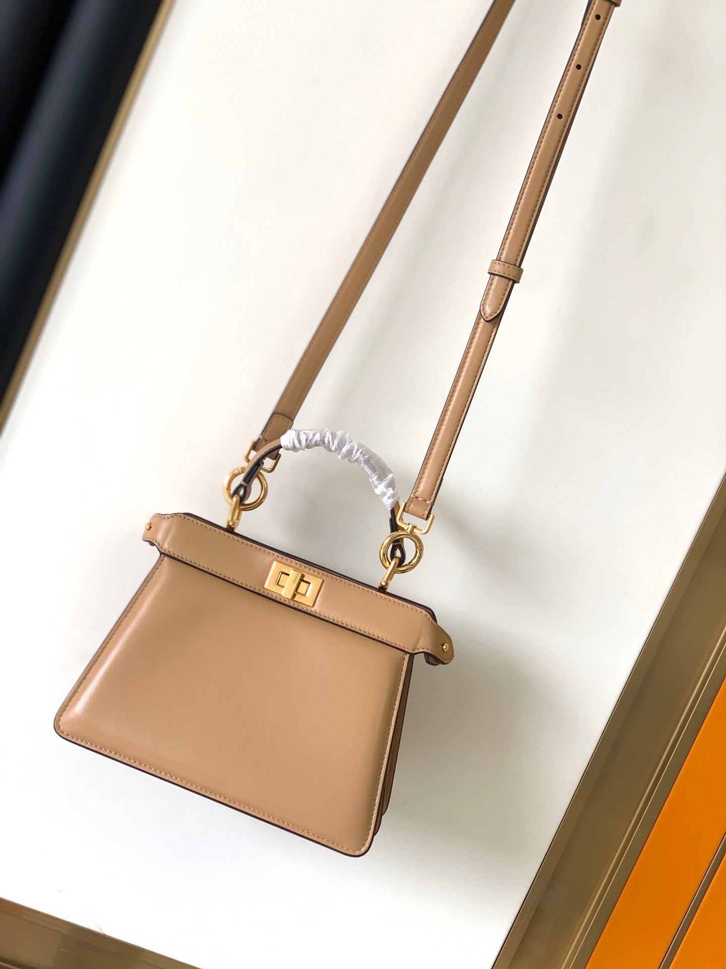 Luxury FendiPeekaboo ISeeU Petite 20 Bag Light Brown Lambskin Ghw