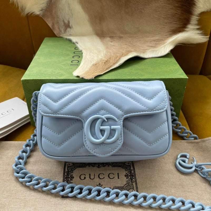 Luxury Gucci MARMONT MINI HANDBAG 16 IN BLUE PASTEL CALFSKIN