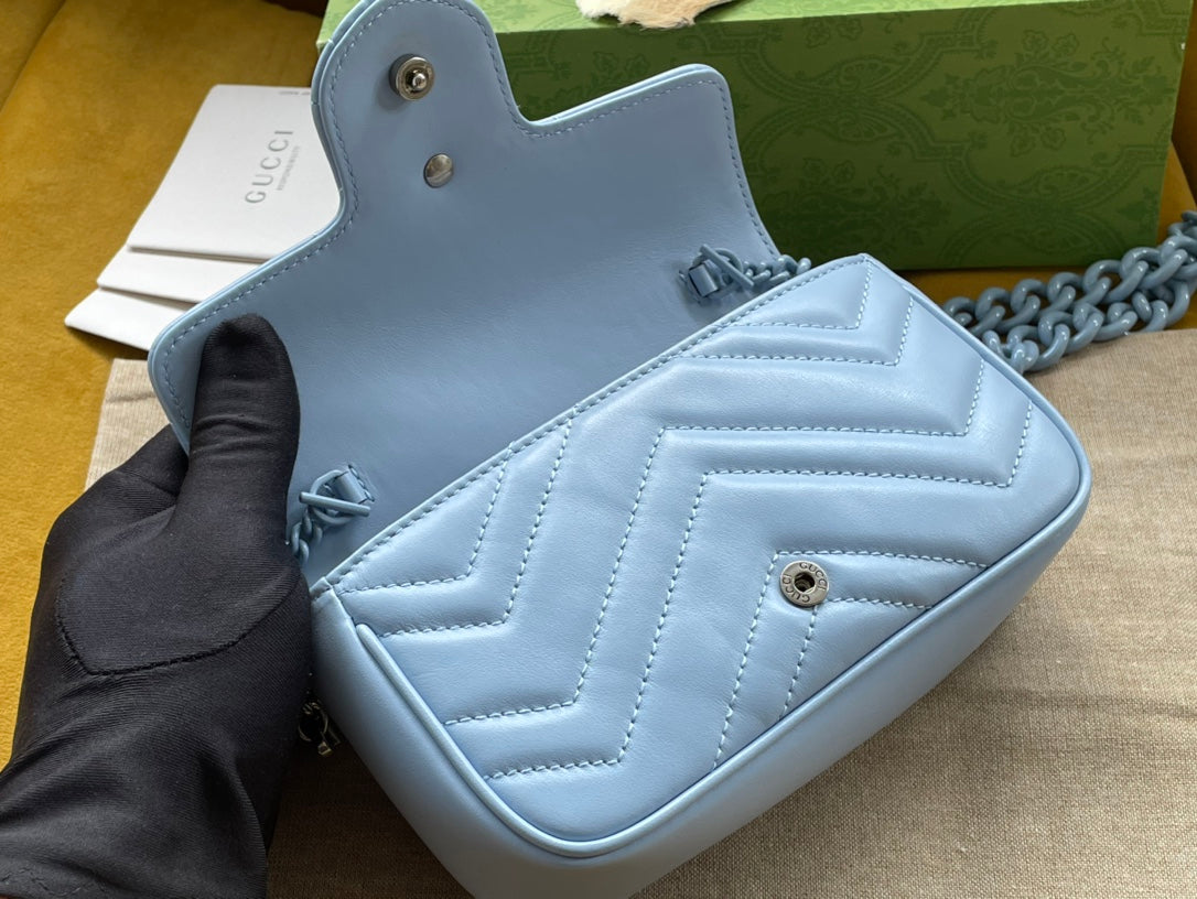 Luxury Gucci MARMONT MINI HANDBAG 16 IN BLUE PASTEL CALFSKIN