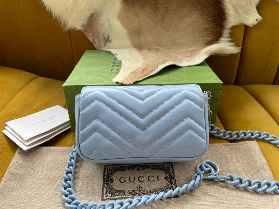 Luxury Gucci MARMONT MINI HANDBAG 16 IN BLUE PASTEL CALFSKIN