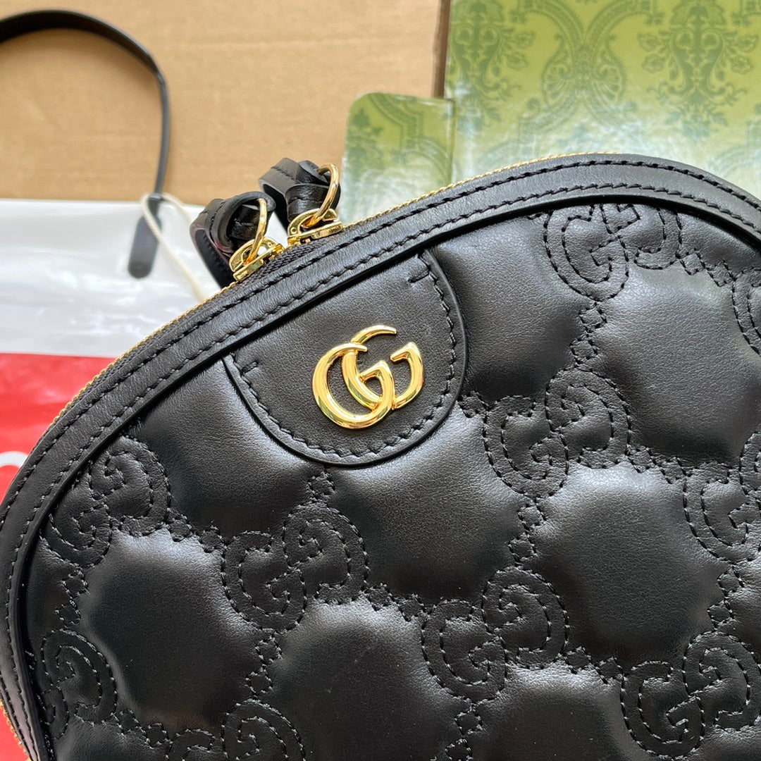 Luxury Gucci MATELASSÉ LEATHER SHOULDER BAG 23 IN BLACK EMBOSSED CALFSKIN GOLD HARDWARE