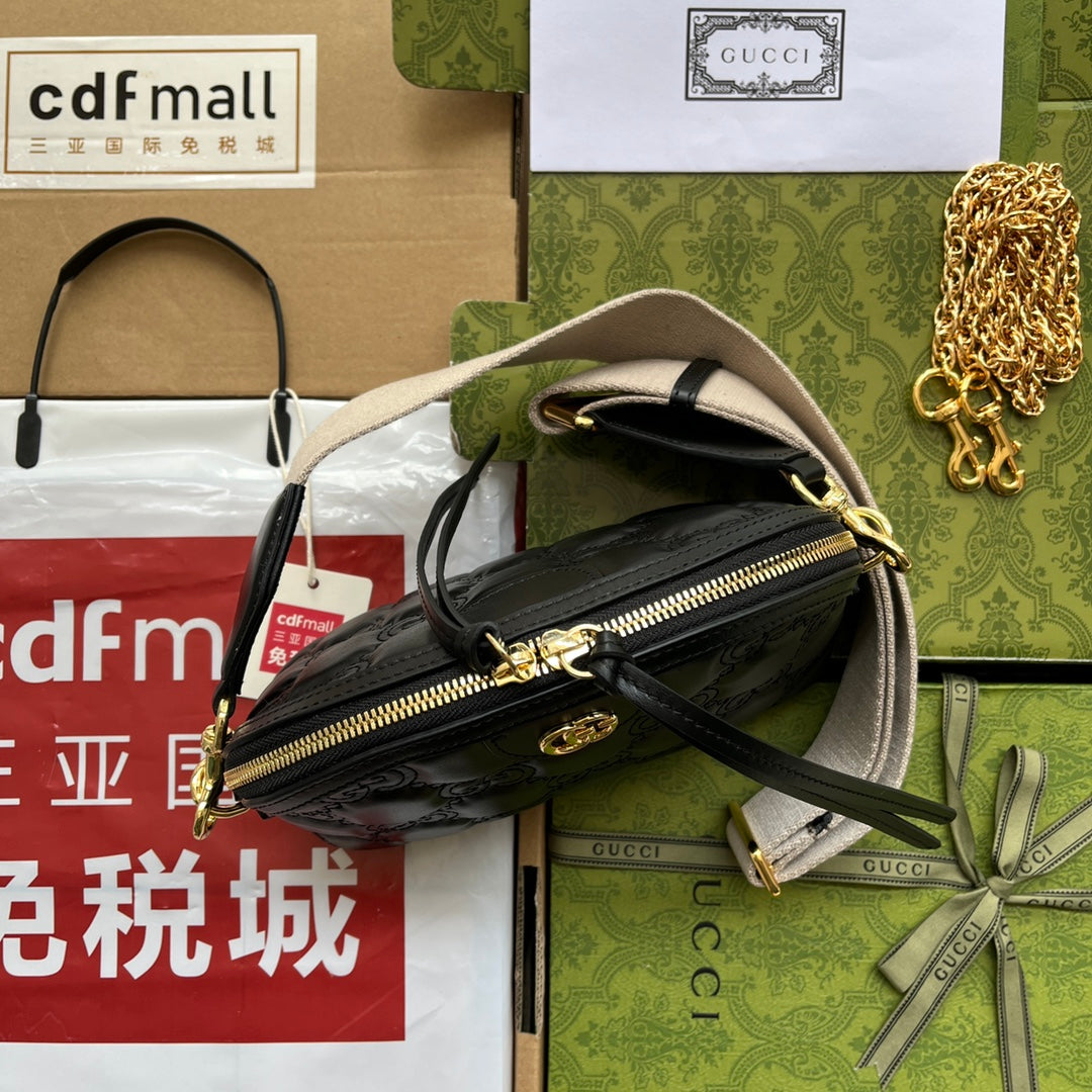 Luxury Gucci MATELASSÉ LEATHER SHOULDER BAG 23 IN BLACK EMBOSSED CALFSKIN GOLD HARDWARE