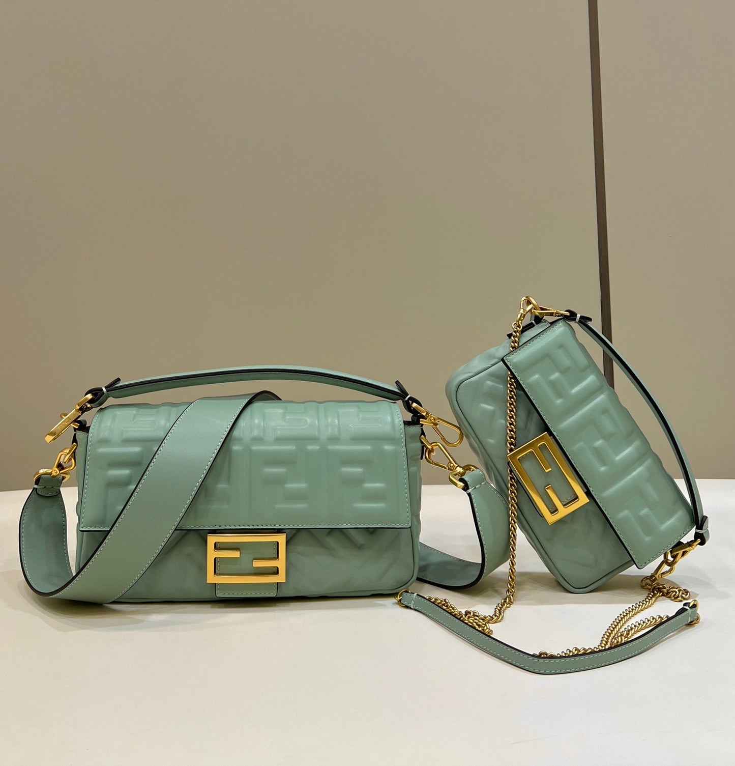 Luxury FendiBaguette 27cm Powder Blue Lambskin Gold Hardware