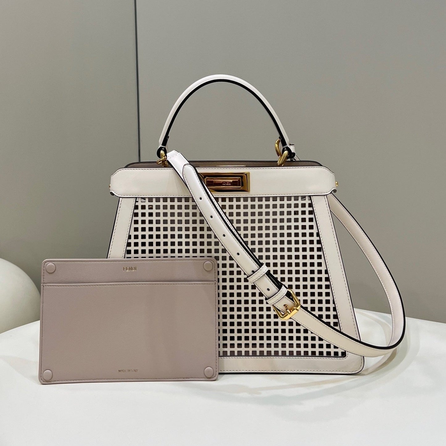 Luxury FendiPEEKABOO ISEEU 34 IN WHITE PERFORATED CALFSKIN GOLD HARDWARE